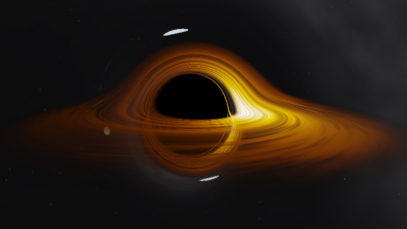 A Kerr black hole at spin a/M = 0.85. The accretion disk wraps over and under the shadow, brighter on the approaching side, and two orbiting bodies appear as thin white arcs above and below.