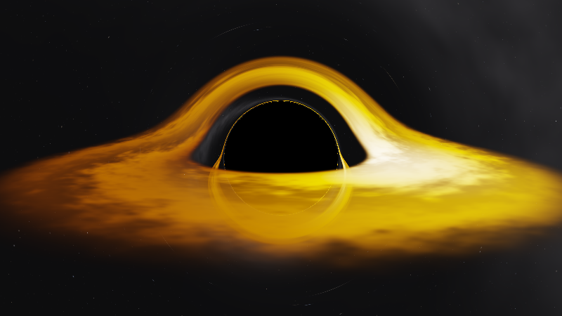 The same scene at zero spin: the shadow is circular and centred, and the disk is symmetric about the axis.